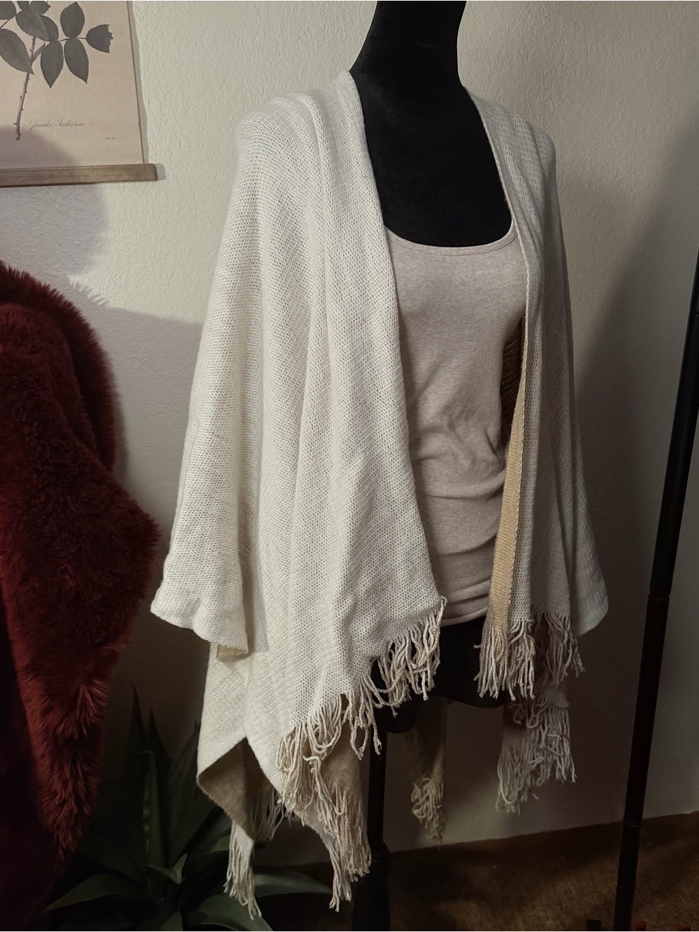 Cozy Cream Fringe Shawl Wrap Poncho Sweater Sonoma